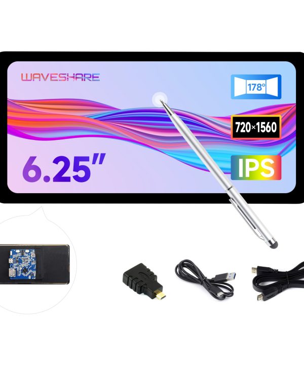 Màn hình cảm ứng điện dung 6.25inch Waveshare, 720 × 1560, bảng điều khiển kính cường lực liên kết quang học, giao diện HDMI, IPS, cảm ứng 5 điểm